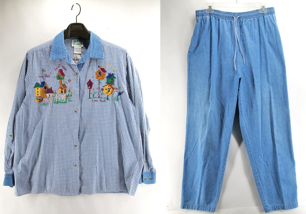 Quacker Factory Womens L Shirt and Pant Set Blue Gingham Birdhouse Embroidered